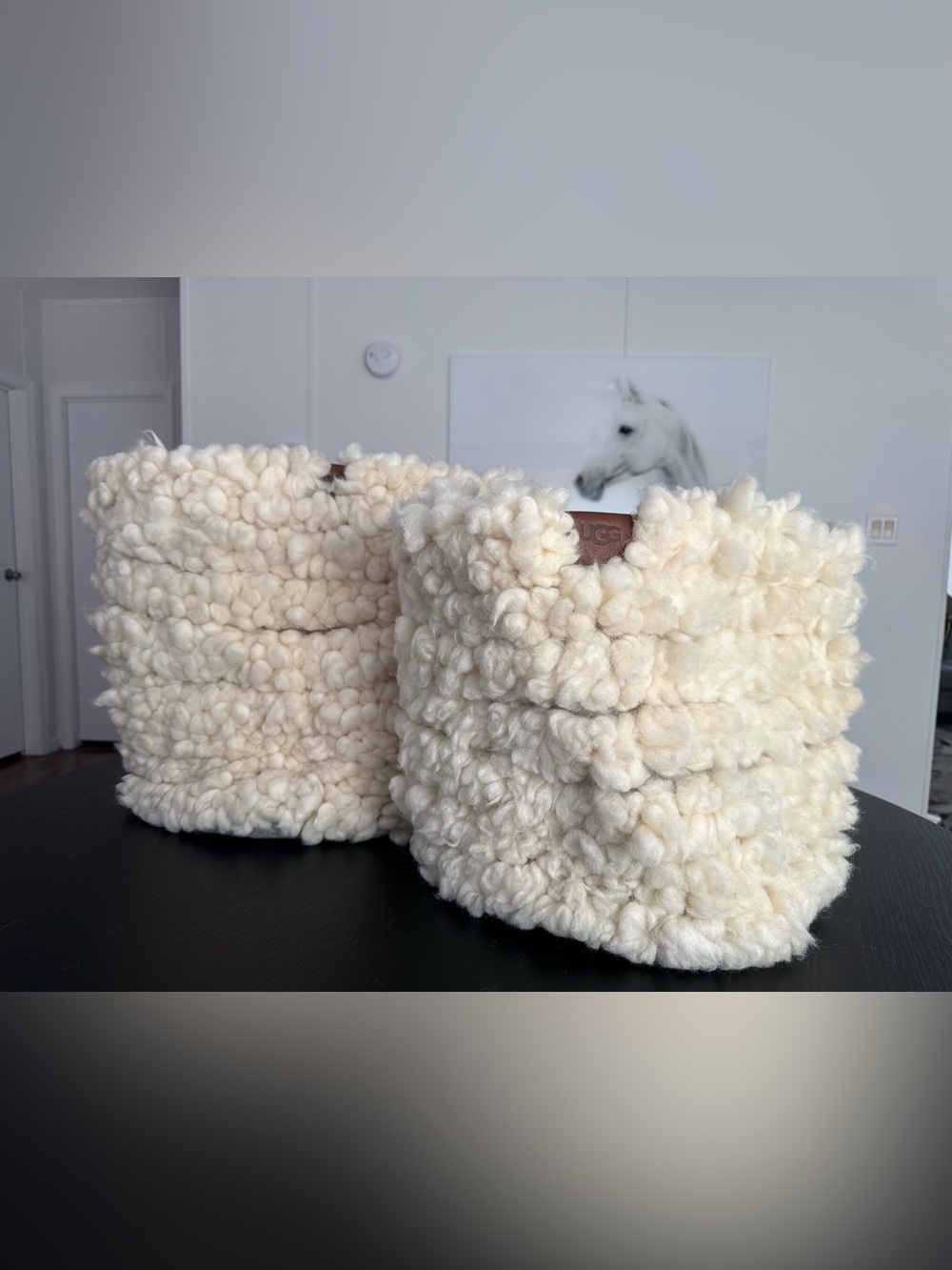 2- EUC UGG sheepskin wool storage baskets large medium